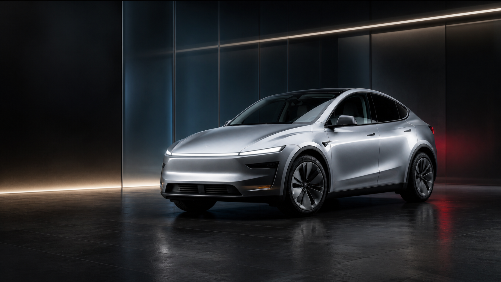 银色标准五座 Model Y 从车头到车尾的完整车身原创概念图